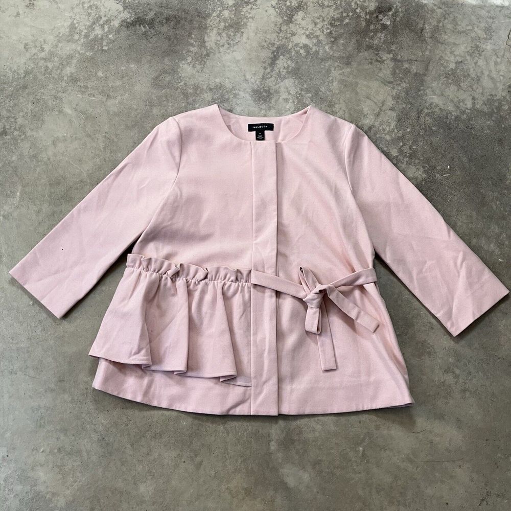 Halogen Jacket Womens Medium Pink Felt Asymmetrical Ruffle Bow Side‎ Tie